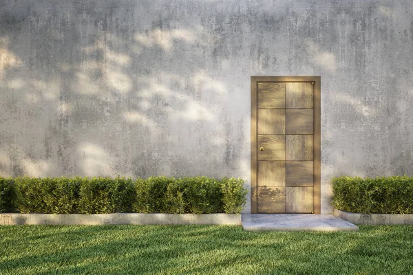 Beton Muur Struik Met Houten Deur Boom Schaduw Gras Illustratie — Stockfoto