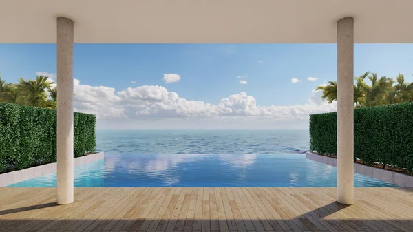 Sea view of swimming pool deck with bush and plam tree and sunlight. 3D illustration