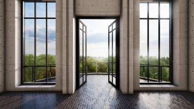 Parlak oda iç tasarımı, kapı ve yüksek pencereli, orman manzaralı gün ışığı. 3d illüstrasyon