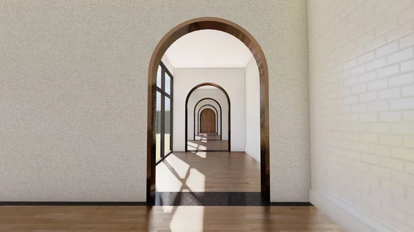 Arch corridor interior with Windows light and wooden floor . 3D illustration