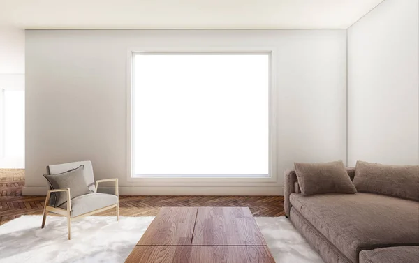 Interior Ruang Tamu Putih Dengan Sofa Abu Abu Kursi Karpet — Stok Foto