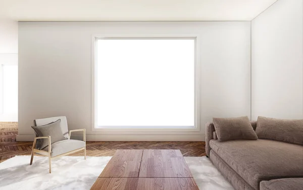 Salon Blanc Intérieur Avec Canapé Fauteuil Gris Tapis Blanc Éclairage — Photo