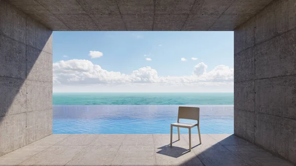 Béton Balcon Piscine Débordement Avec Chaise Blanche Vue Sur Mer Image En Vente