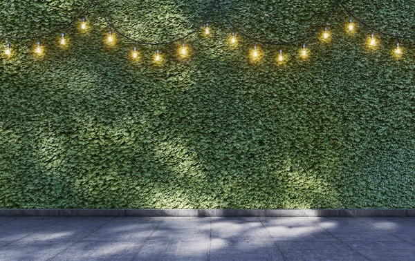 Ficelle Lumineuse Sur Fond Mur Buisson Vert Avec Sol Béton Images De Stock Libres De Droits