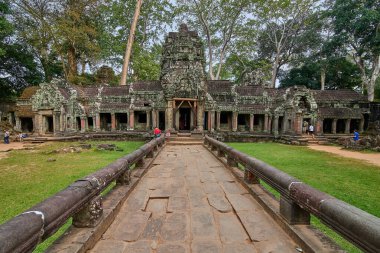 Siem Reap, Kamboçya - 13 Aralık 2014: Ta Prohm tapınağının yıkıntılarında ağaçlar yükseltildi, Angkor Wat kompleksindeki tapınak, Angkor Wat Arkeoloji Parkı, Siem Reap, Kamboçya Unesco Dünya Mirası Alanı