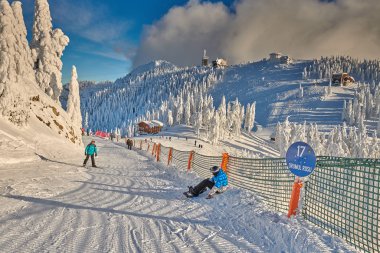Poiana Brasov, Romanya -16 Ocak 2019: kayakçı ve snowboard düşkünleri zevk karla kaplı kış sezonu, Romanya, Avrupa kayak yamaçlarına whit orman