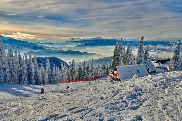 Wooden chalets and spectacular ski slopes in the Carpathians,Poiana Brasov ski resort,Transylvania,Romania,Europe,Pine forest covered in snow on winter season