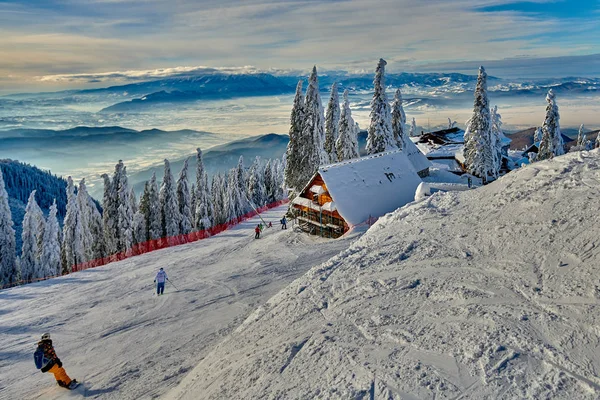 Wooden chalets and spectacular ski slopes in the Carpathians,Poiana Brasov ski resort,Transylvania,Romania,Europe,Pine forest covered in snow on winter season