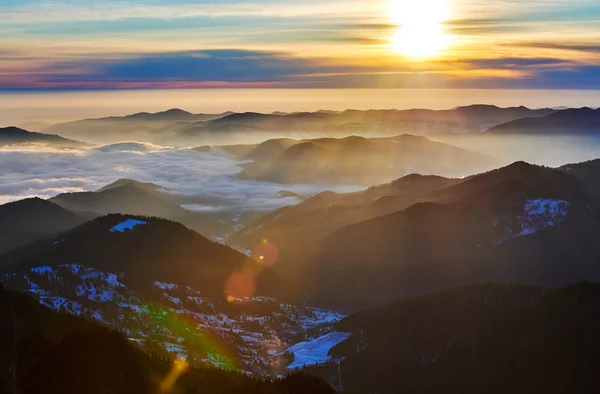 Vista Panoramica Dal Parco Nazionale Dei Monti Ceahlu Tramonto Nella — Foto Stock