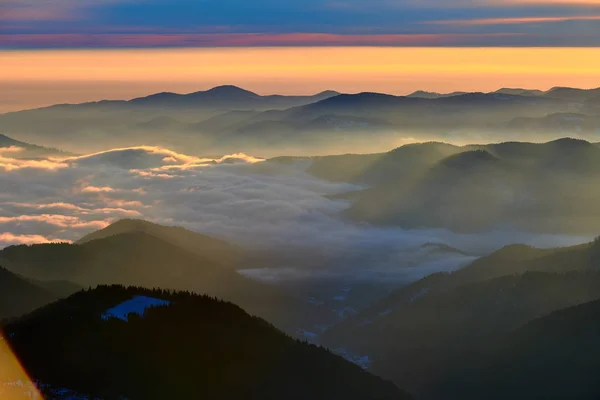 Vista Panoramica Dal Parco Nazionale Dei Monti Ceahlu Tramonto Nella — Foto Stock