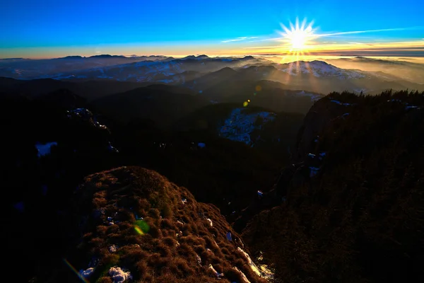 Aerial Landscape View Ceahlu Mountains National Park Sunrise Fog Winter — Stock Photo, Image