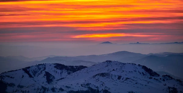 Aerial Landscape View Ceahlu Mountains National Park Sunrise Fog Winter — Stock Photo, Image