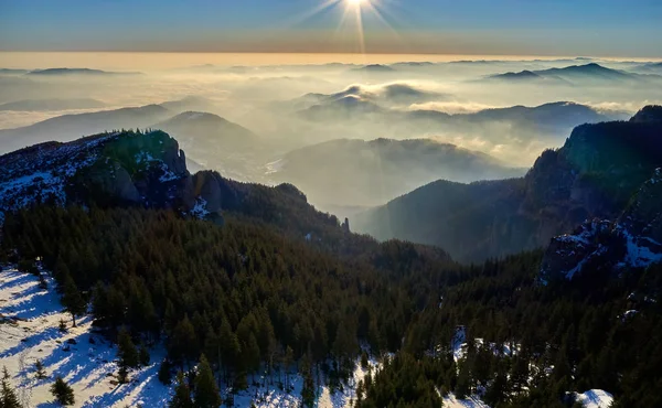 Letecký Pohled Krajinu Českých Hor Národní Park Při Východu Slunce — Stock fotografie