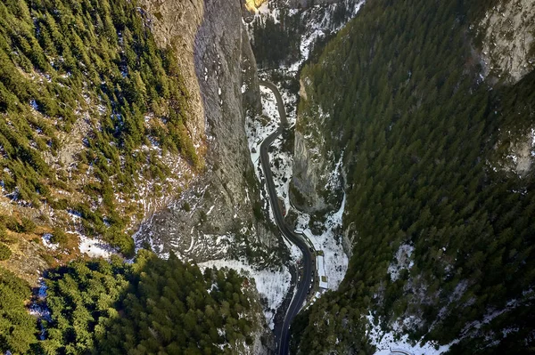 Aerial Drone View Serpentine Rocky Mountain Forest Bicaz Gorge Winding — Stock Fotó