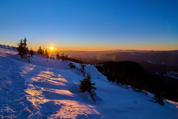 冬の霧のあるカルパチア山脈の壮大なスキー場を飛んで 雪に覆われたスキー場の白い森の上のパノラマビュー トランシルヴァニアのスキーリゾート ポアニア ブラゾフ ルーマニア ヨーロッパ — ストック写真