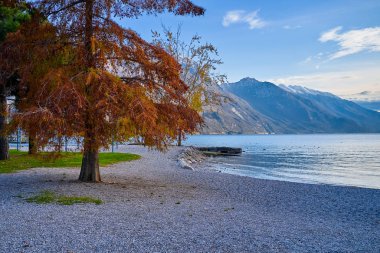Riva del Garda 'da güzel ve renkli bir sonbahar, muhteşem Garda Gölü' nün panoraması sonbahar zamanı dağlarla çevrili.