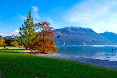Riva del Garda 'da güzel ve renkli bir sonbahar, Garda Gölü dağlarla çevrili, Trentino Alto Adige bölgesi, Lago di garda, İtalya