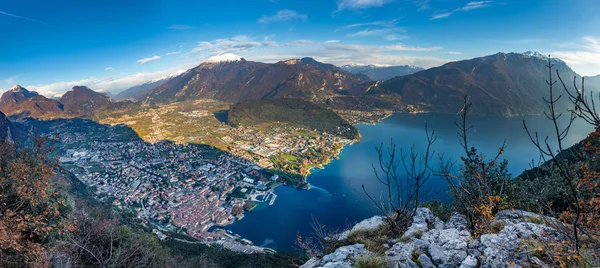 Panoramic view of the beautiful Lake Garda .Riva del Garda town and Garda lake in the autumn time , Trentino Alto Adige region,Italy