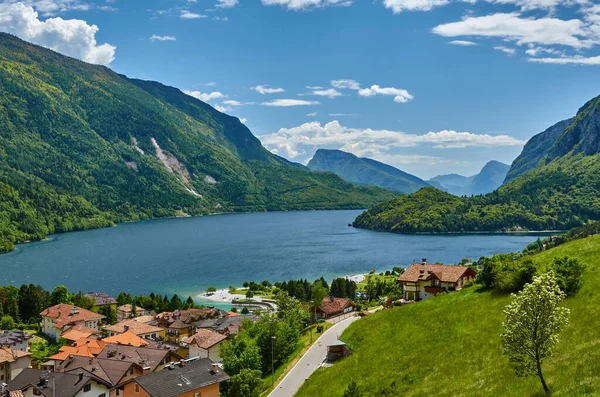 Aerial View Beautiful Molveno Town Molveno Lake Alpine Lake Trentino — Stock Photo, Image