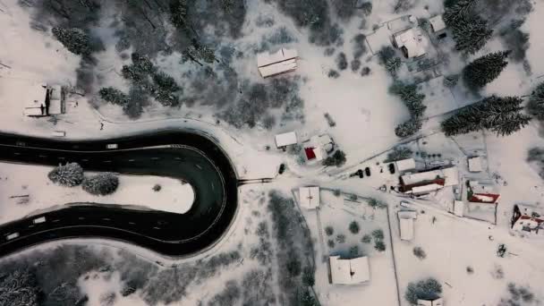 Vue aérienne d'un drone d'une serpentine dans la forêt de baleines de la route de montagne Predeal couverte de neige pendant la saison hivernale, Predeal, Roumanie — Video