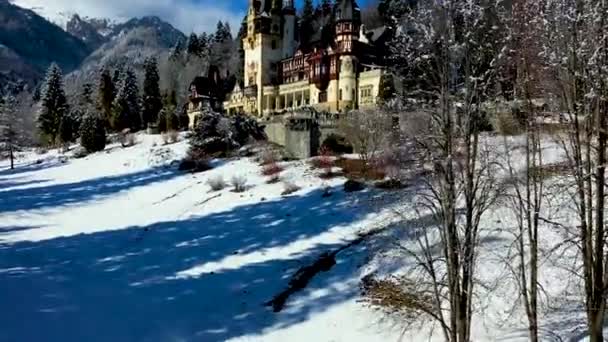 冬のシーズン トランシルヴァニア ルーマニアのシナイアの美しいペレス城の空中ドローンパノラマビュー — ストック動画