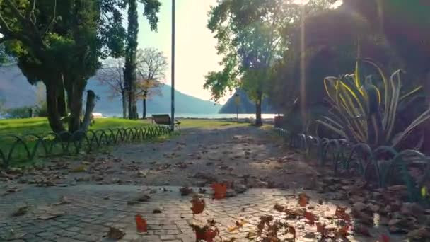 Повітряне Відео Дроном Вигляд Прекрасного Озера Гарда Оточене Горами Восени — стокове відео