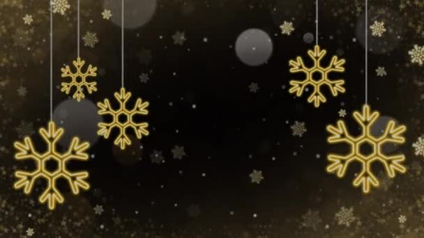Animatie Gouden Sneeuwvlok Schitteren Frame Zwarte Achtergrond — Stockvideo