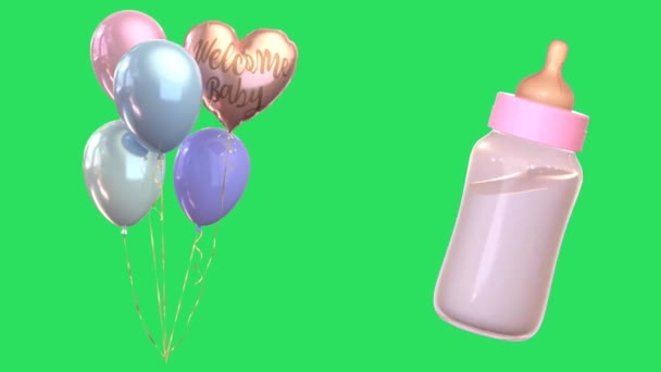 Animation Baby Bottle Colorful Balloon Green Background — 비디오