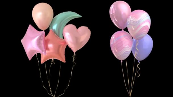 Animación Globos Multicolores Flotan Sobre Fondo Negro — Vídeos de Stock