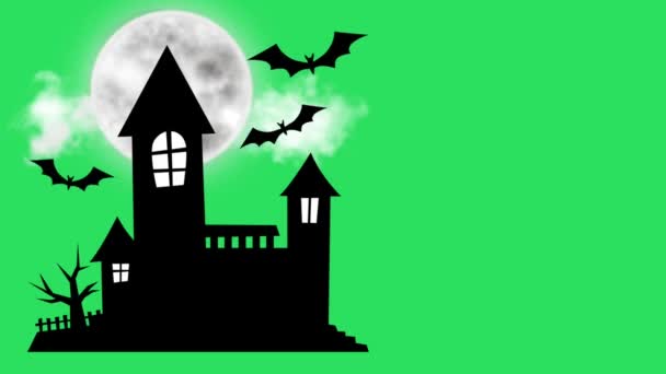 Silueta Animación Castillo Negro Con Luna Blanca Sobre Fondo Verde — Vídeos de Stock