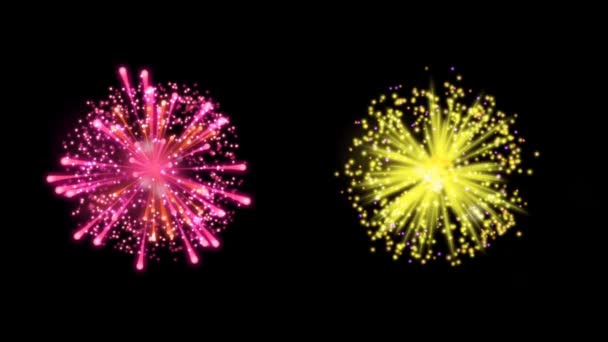 Animatie Roze Geel Vuurwerk Zwarte Achtergrond — Stockvideo