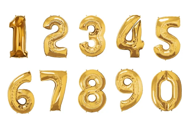 Palloncini d'oro numeri da 1 a 9 su sfondo bianco . — Foto Stock