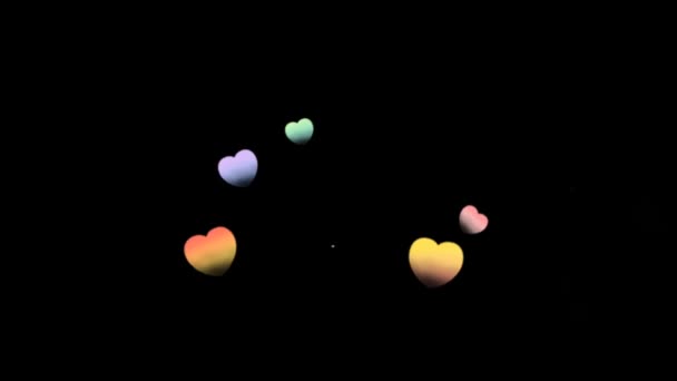 Animation Bunte Herzen Auf Schwarzem Hintergrund — Stockvideo