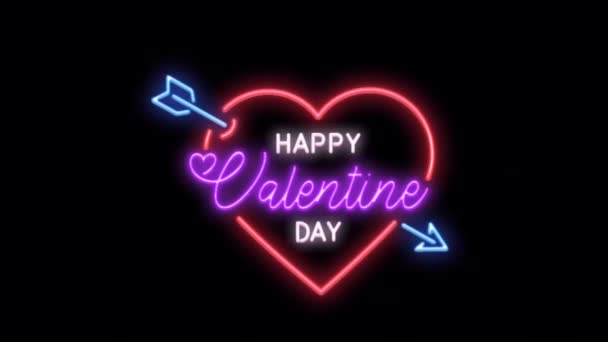 Animatie Tekst Gelukkige Valentijnsdag Rood Neon Hart Zwarte Achtergrond — Stockvideo