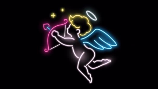Animasyon Neon Işığı Siyah Zemin Üzerinde Aşk Tanrısı Şekli — Stok video