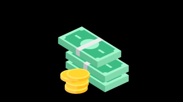 緑の背景にアニメーションゴールドコインと緑の銀行券 — ストック動画