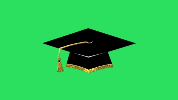 Animation Black Graduate Hat Golden Edge Green Background — Stock Video