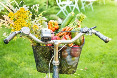 Taze sebze ve çiçek dolu Bisiklet sepeti