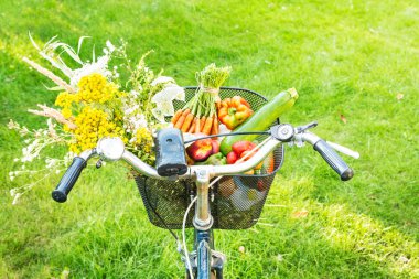 Taze sebze ve çiçek dolu Bisiklet sepeti