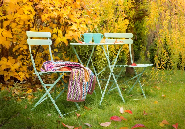 Colorful autumn garden nook with hot tea and blanket — Stock Photo, Image