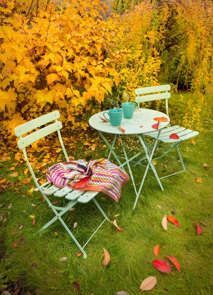 Colorful autumn garden nook with hot tea and blanket — Stock Photo, Image