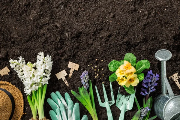 Frühlingsgarten funktioniert. Gartengeräte und Blumen auf Bodengrund. — Stockfoto