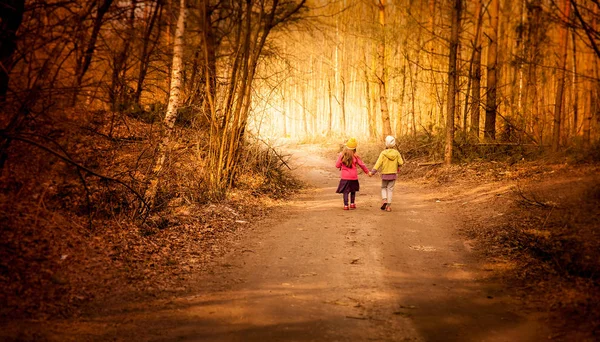 Two kids holding hands while walking a dark forest path