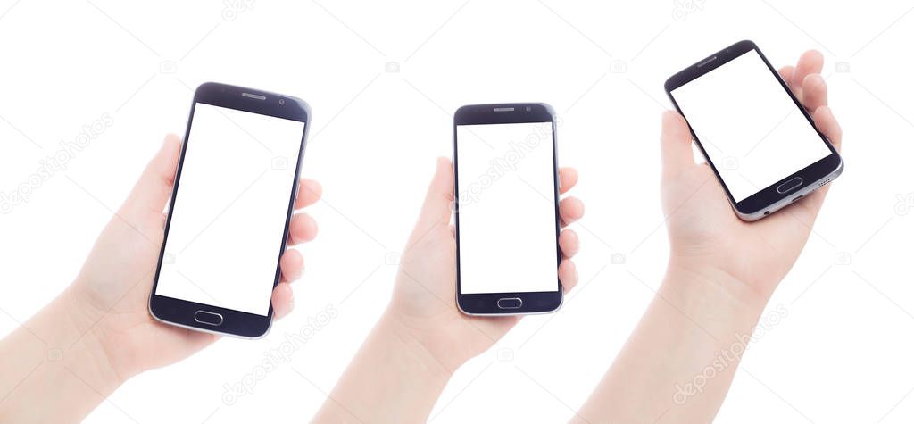 Hand holding mobile phone (smartphone) with blank screen