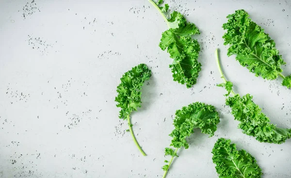 Fresh wet green kale leaves on grey background — Stock Photo, Image