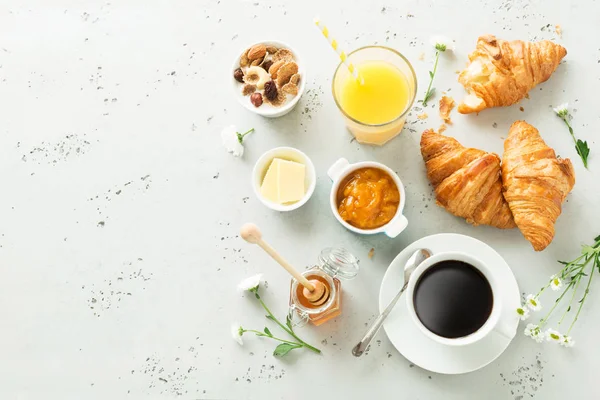 Continental breakfast on stone table from above - flat lay — Stock Image Continental breakfast on stone table from above - flat lay Royalty Free Stock Images