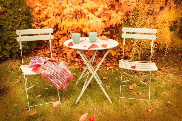 Πολύχρωμο φθινόπωρο στον κήπο γωνιά με ζεστό τσάι και κουβέρτα — Φωτογραφία Αρχείου
