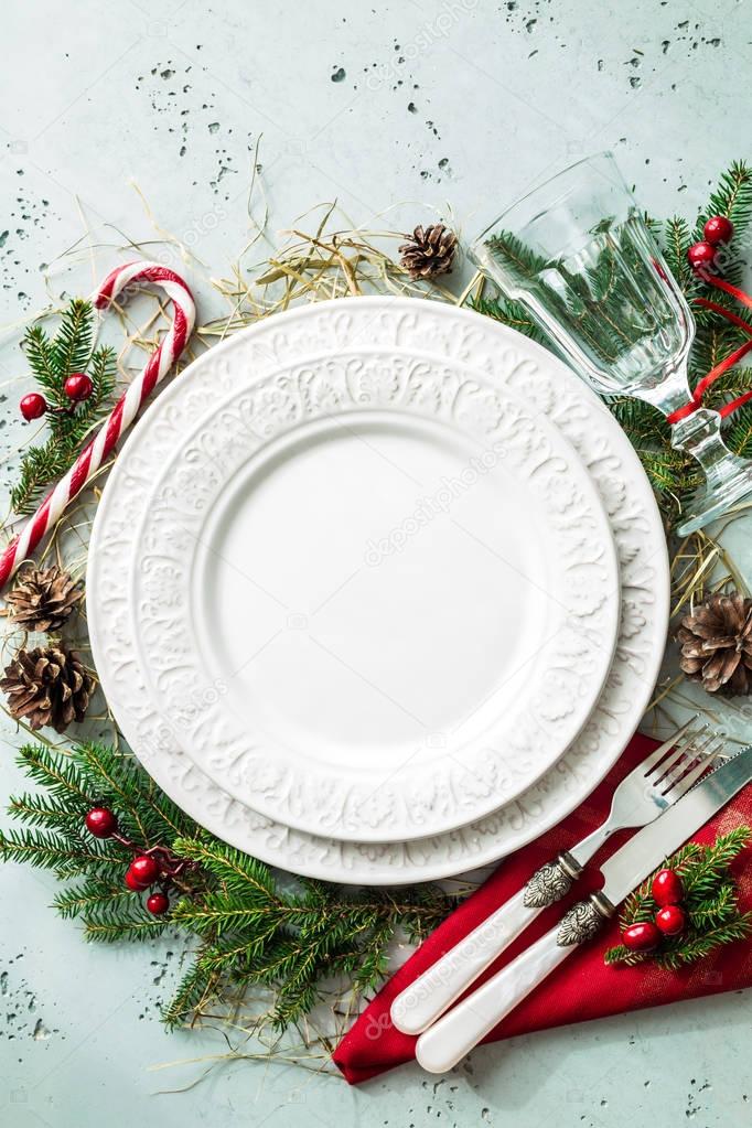 Elegant christmas table setting design (top view, flat lay)