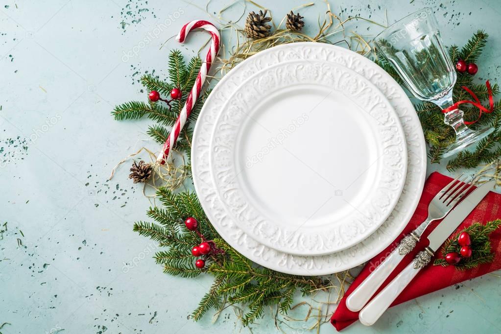 Elegant christmas table setting design (top view, flat lay)