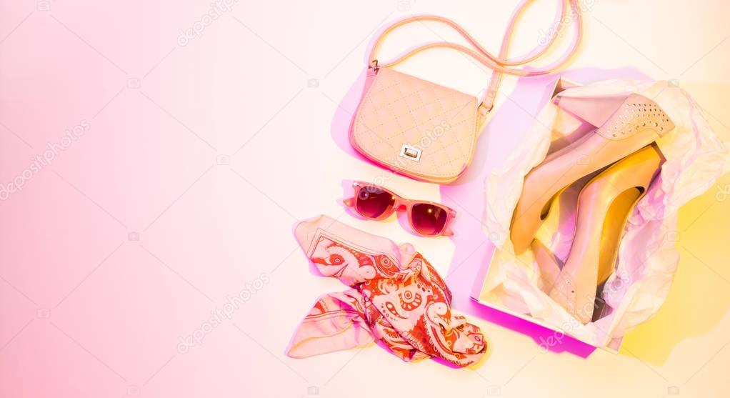 High heels, handbag and scarf - fashion accessories